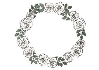 おしゃれな手描きのバラの花のリース　白い薔薇のリース