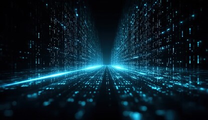 A glowing digital corridor with blue futuristic lights and data streams, creating a virtual, high-tech tunnel effect.