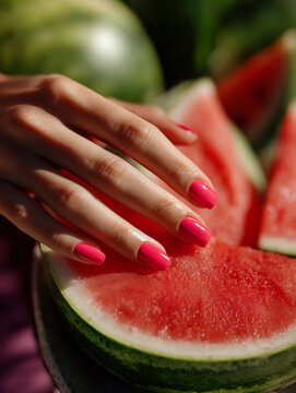 Brightly manicured hand elegantly resting on juicy watermelon slices at a vibrant summer gathering in a sunny outdoor setting