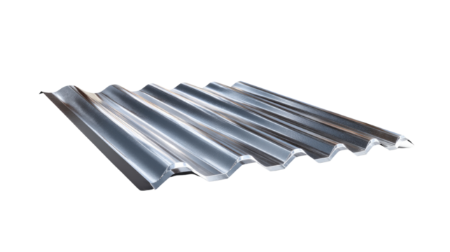 Metal Corrugated Roofing: A close-up shot of durable and aesthetically pleasing metal corrugated roofing sheets, showcasing their wavy pattern, perfect for architecture and construction projects.