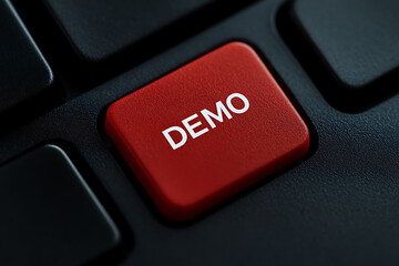 Close-up of a red "DEMO" key on a black keyboard. The text is in white, centered on the button. This is a demonstration version.
