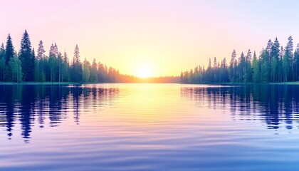 Fototapeta premium Serene sunrise over calm lake, trees mirrored in still water, pastel sky hues