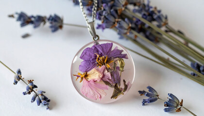 Elegant necklace featuring real pressed flowers preserved in resin, surrounded by delicate lavender. Ideal for jewelry design, nature, and lifestyle concepts.