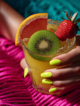 Vibrant summer cocktail adorned with fresh fruit in a tropical paradise setting