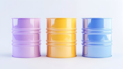 Three pastel-colored metal drums stand in a row against a white background