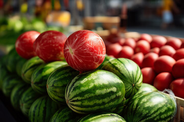 Colorful display of fresh watermelons and tomatoes at a vibrant farmers market in summer