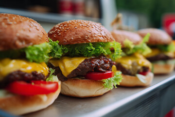 Juicy burgers stacked high with lettuce and cheese at a vibrant food truck festival in the heart of summer