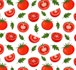 Seamless pattern with red tomatoes. Ripe juicy tomatoes, slice, half and leaf of fresh vegetable on white background. Vector flat illustration. For design, print, packaging, branding and websites.