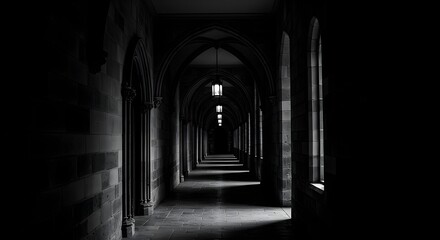Fototapeta premium Dark Hallway with Arches and Hanging Lamps in Gothic Style