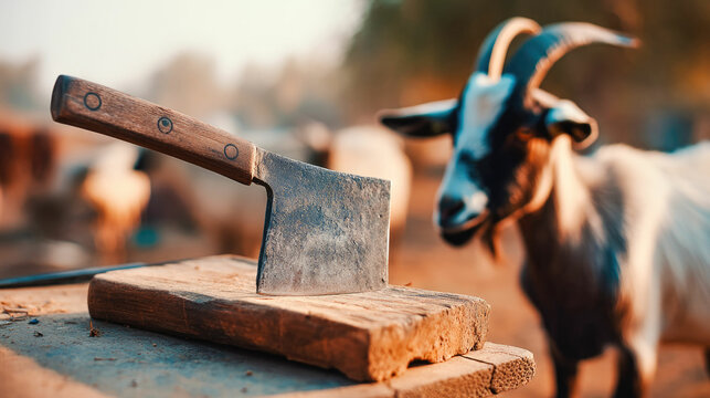 Goat Butcher Knife Meat Cleaver Animal Sacrifice Rural Scene Farming Image