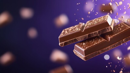Two dark chocolate bars, broken apart, float against a purple backdrop with scattered chocolate pieces