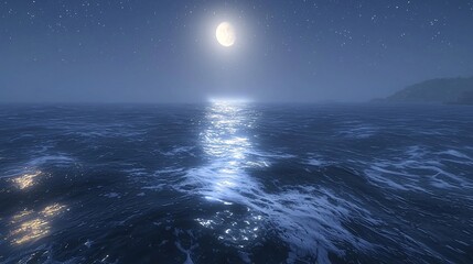Fototapeta premium Moonlight shines on the calm sea