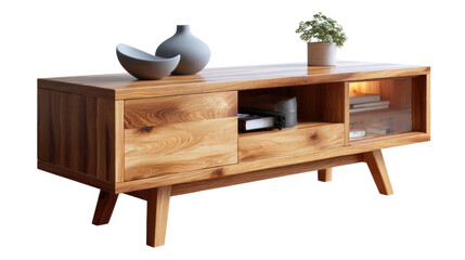 Mid-Century Modern TV Stand: Sleek and stylish mid-century modern TV stand crafted from light oak wood, featuring clean lines, tapered legs, and ample storage space.