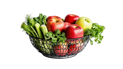 Fresh Red and Green Apples with Celery and Parsley in a Black Wire Bowl