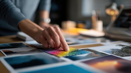 Designer hand exploring bright palette surrounded by various photographs, showcasing creativity and inspiration in workspace filled with artistic materials