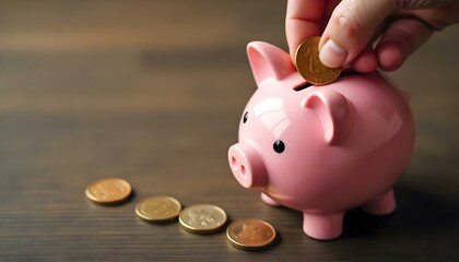 top view of woman puting in pink piggy bank coin on wooden background