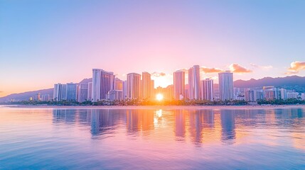 Vibrant sunrise over a coastal city skyline reflected in calm ocean waters