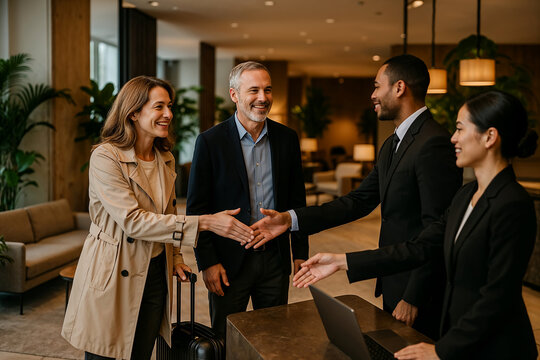 Smiling couple warmly greeted by hotel reception staff