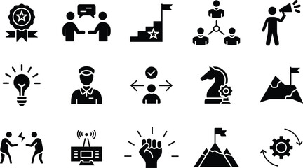Teamwork and Business Icon Silhouettes – Leadership, Strategy, Communication Vector Set