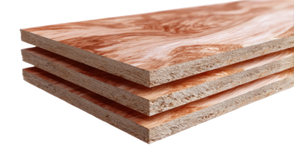 Plywood Sheets: Stack of three reddish-brown plywood sheets, showcasing the layered wood grain and texture. Ideal for construction, DIY, and woodworking projects.
