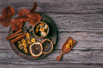 Yellow chrysanthemum tea and herbs