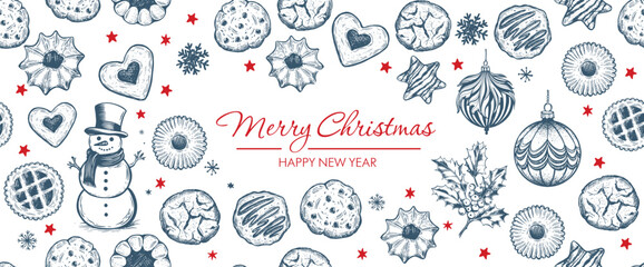 Cookie pattern on white, hand drawn illustration.	