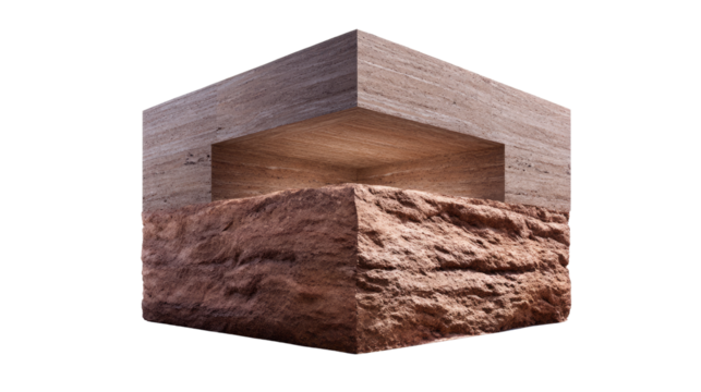 Architectural Earth Cube: A striking cross-section showcases the layers of a unique earth cube structure, revealing both the built environment and the natural foundation beneath.