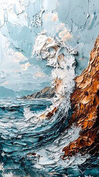 Oil painting style waves beat against rocks