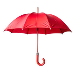 A single open red umbrella, a vibrant object for rain protection, stands isolated against a clean white background