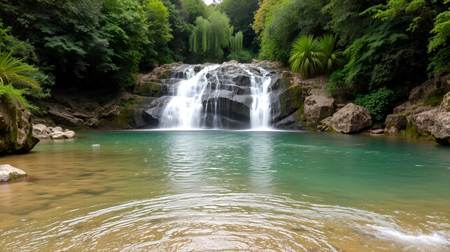 Salt des Freu waterfall in Majorca Balearic Islands. River flowing through a humid forest environment.