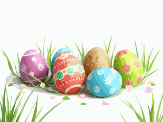 easter colorful eggs in grass on white