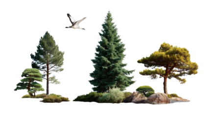 Diverse Treescape: Various trees stand gracefully in a vibrant natural scene, with a bird soaring gracefully, illustrating the harmonious coexistence of nature's elements. 