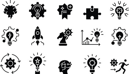Innovation and Technology Black Silhouette Set – Vector of Ideas, Strategy, and Growth
