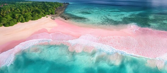 Aerial view of pink beach with turquoise waters surrounded by lush greenery.