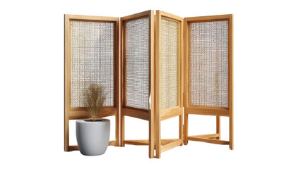 Room Divider Screen: Elegant four-panel room divider screen made of natural wood and woven fabric, adding a touch of serenity and style to any space. A plant in a simple pot sits beside it.