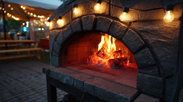 A cozy outdoor wood-fired oven glows with burning logs, surrounded by string lights, creating a warm and inviting ambiance.