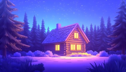 Naklejka premium A cozy log cabin glows warmly amidst a dark, starlit pine forest at night
