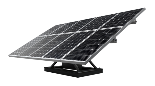 Solar Panel Array: An efficient solar panel array, mounted on an adjustable stand, is angled to maximize sunlight absorption. It's a symbol of clean energy and sustainability.
