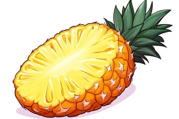 A juicy halved pineapple with vibrant yellow flesh and a green crown, depicted in a cartoonish style