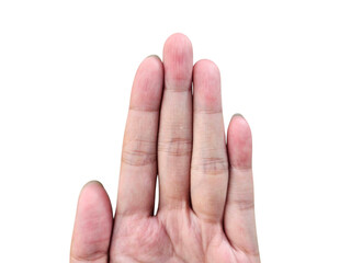 Gesture with index, middle, and ring fingers extended, useful for signs or messages. Isolated on white background, transparent PNG