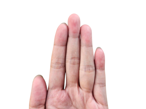 Gesture with index, middle, and ring fingers extended, useful for signs or messages. Isolated on white background, transparent PNG