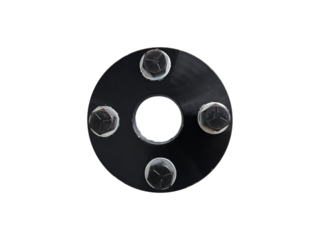 Front perspective of a steel flange coupling with central bore and 4 bolts, used for connecting in industrial machinery and mechanical systems. Isolated on white background, transparent PNG