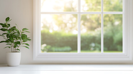 Fototapeta premium A plant sits near a window, sunlight streams in, blurring the trees outside and creating a calming, minimalist aesthetic. Indoor plant near a window.