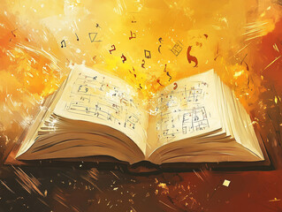 Open textbook with floating mathematical symbols, watercolor splashes, warm yellow lighting, dynamic diagonal composition, paper texture overlay, illustrated styleOpen textbook with floating mathemati