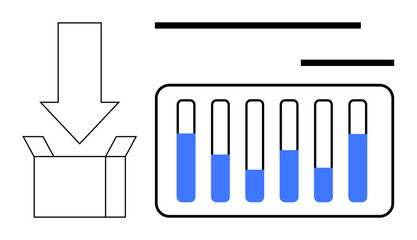 Test tubes partially filled with blue liquid inside a container and an open box with a downward arrow. Ideal for science, lab research, storage, logistics, education, biotechnology, e-commerce