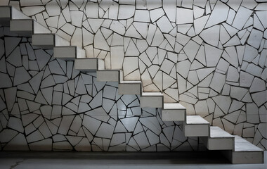 Minimalist staircase with white steps. The stairs are adjacent to a wall decorated with a mosaic design in a range of light gray tones.