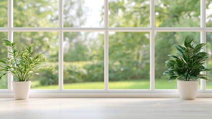 Fototapeta premium Indoor plants frame a bright, sun-drenched view of a garden through a white-framed window, bringing nature inside and creating a serene, peaceful atmosphere.