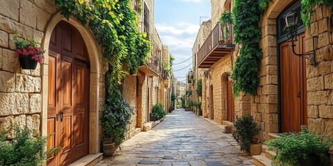 Obraz premium A narrow stone-paved street with stone buildings having arched doors/windows, green vines on walls, potted plants under white cloudy sky.