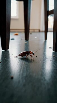 Cockroach crawling on kitchen floor under table