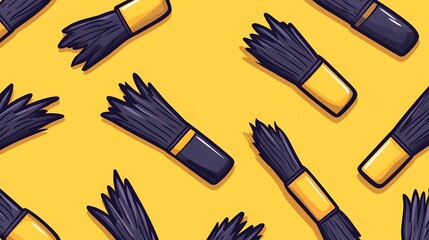 A vibrant yellow background showcases a scattered pattern of dark-bristled makeup brushes with gold-accented handles
